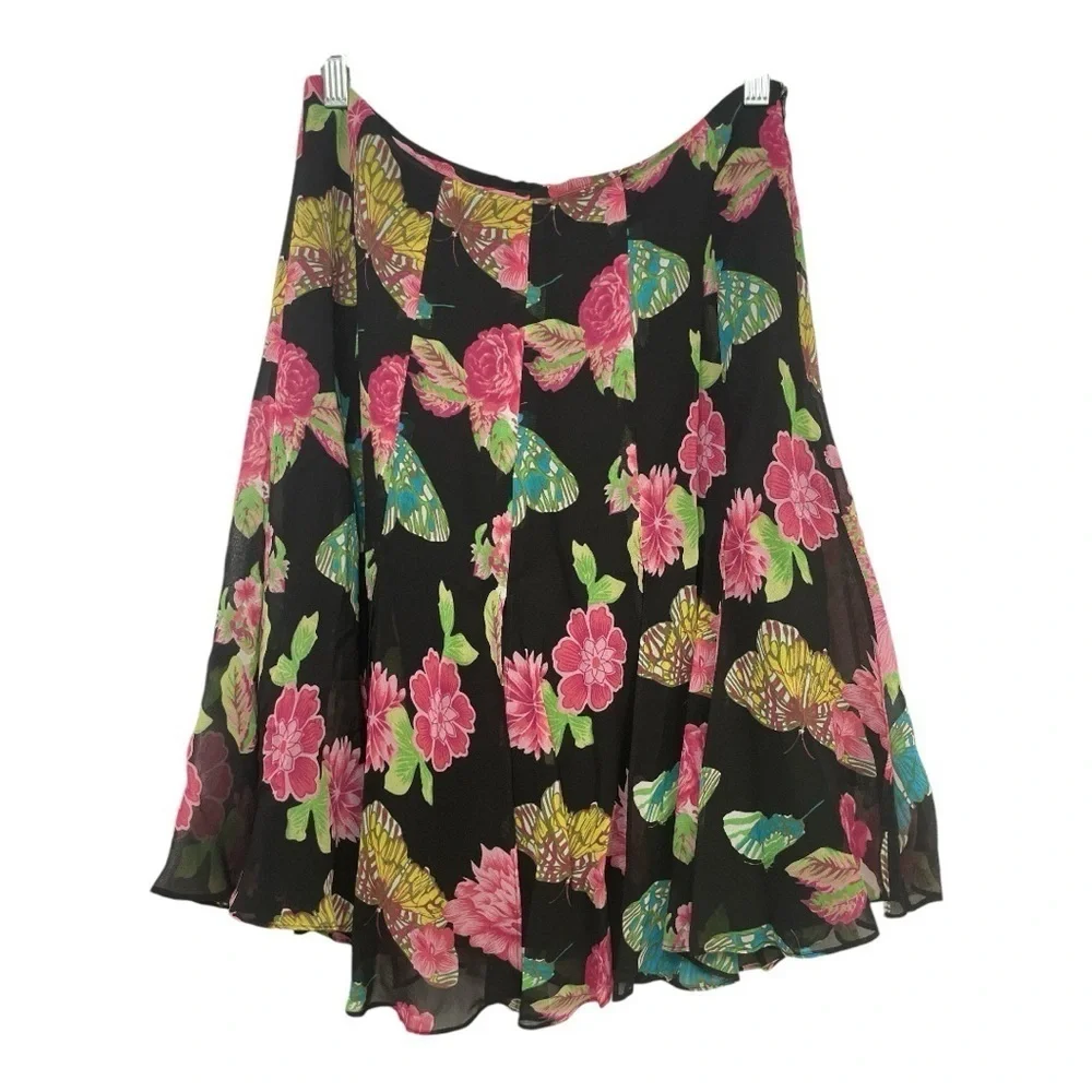 Karen Kane Lifestyle 100% Silk Floral Butterfly Car Wash Skirt Multicolored Sz 6